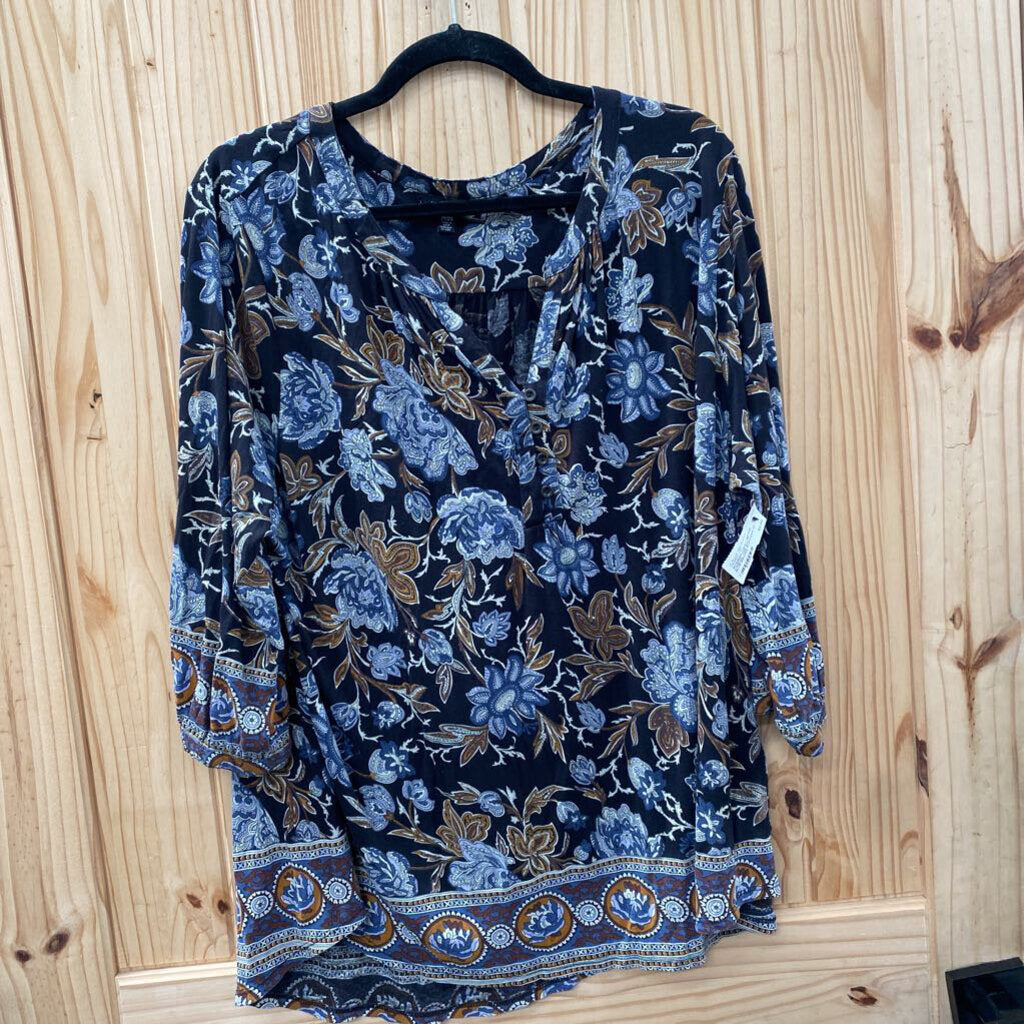 WOMENS LUCKY BRAND CASUAL TOP NAVY BLUE/BROWN FLOWERS 2X