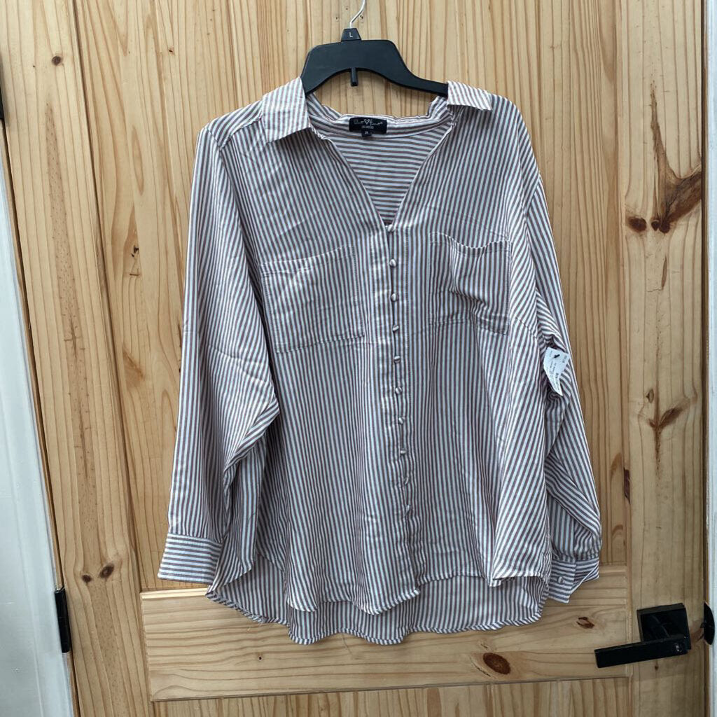 WOMENS VELVET HEART CASUAL TOP DK TAUPE/WHITE STRIPE 2X