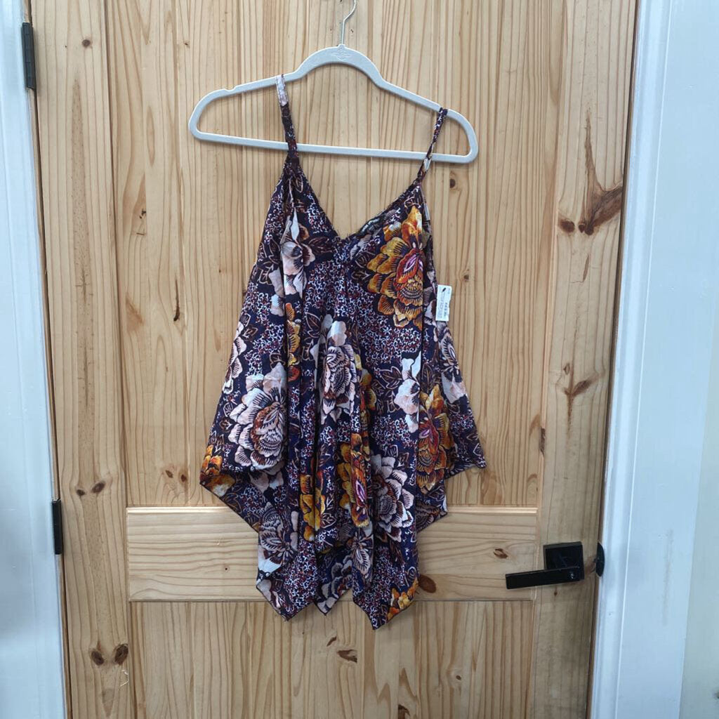 WOMENS UNIQUE SPECTRUM CASUAL SL TOP NAVY BLUE/ORANGE W/FLOWERS M