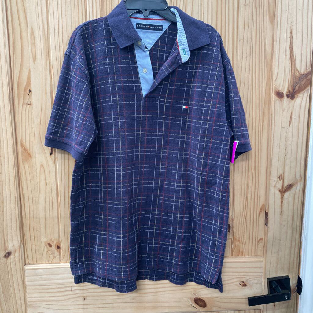MENS TOMMY HILFIGER NAVY BLUE PLAID POLO SHIRT M