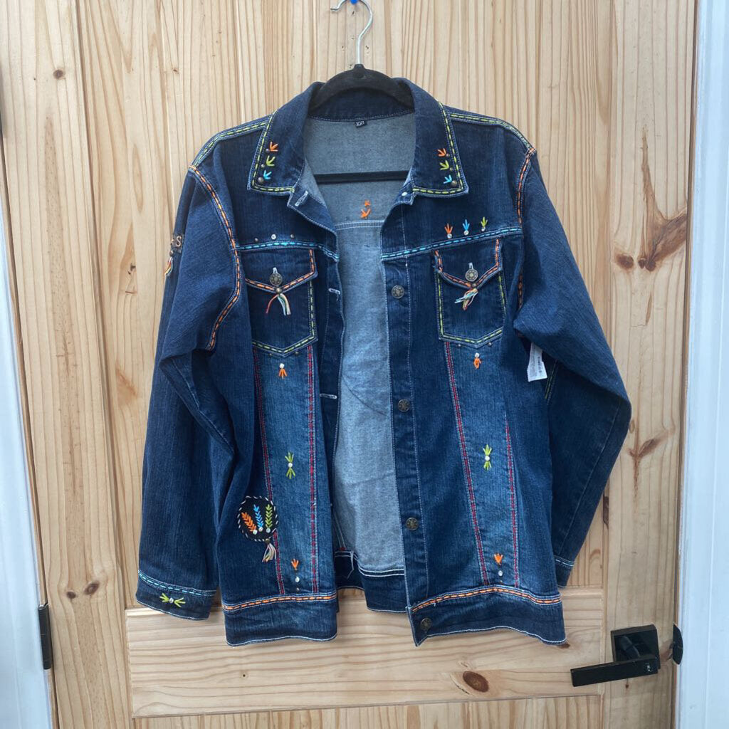 WOMENS DK DENIM JEAN JACKET W/INDIAN HEADRESS XXL