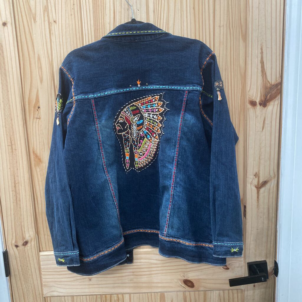 WOMENS DK DENIM JEAN JACKET W/INDIAN HEADRESS XXL