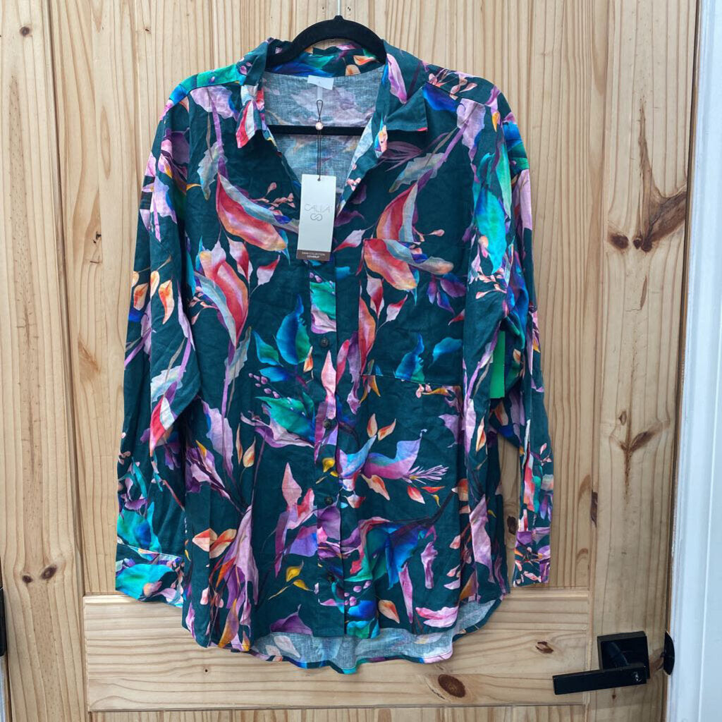 WOMENS CALIA SWIM COVERUP SHIRT LS GREEN/PURPLE/BLUE L NWT