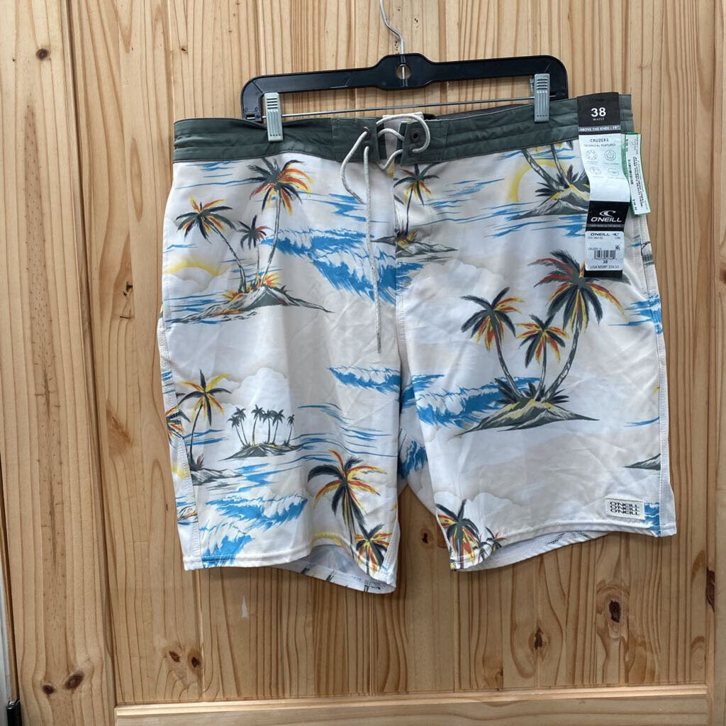 MENS O'NEILL SWIM TRUNKS BEACH THEME BEIGE.OLIVE GREEN 38 NWT