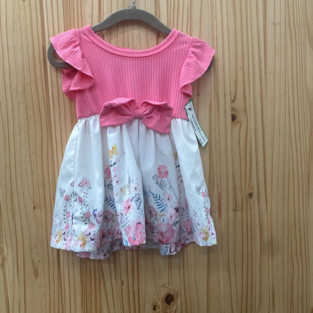 GIRLS PINK/WHITE SL FLORAL DRESS 3/6M
