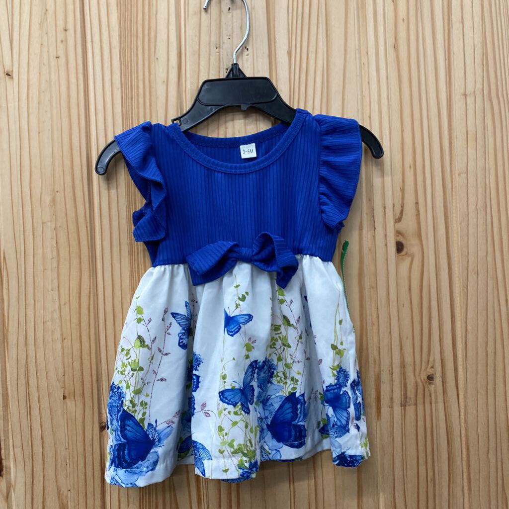 GIRLS BLUE/WHITE DRESS W/BUTTERFLIES 3/6M