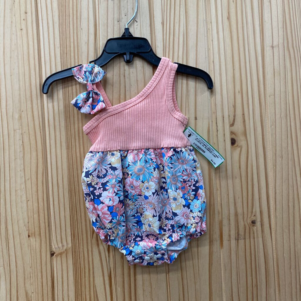 GIRLS LT PINK FLORAL SL ROMPER 3/6M