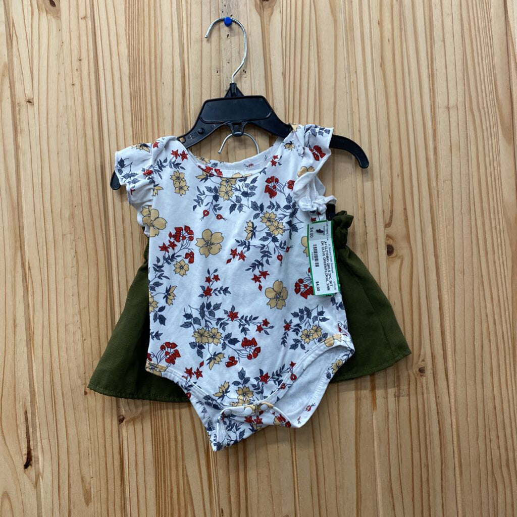 GIRLS 2PC SET DK OLIVE GREEN/FLORAL 3/6M