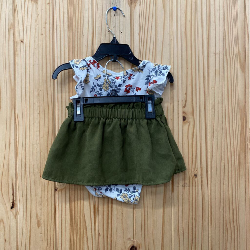 GIRLS 2PC SET DK OLIVE GREEN/FLORAL 3/6M