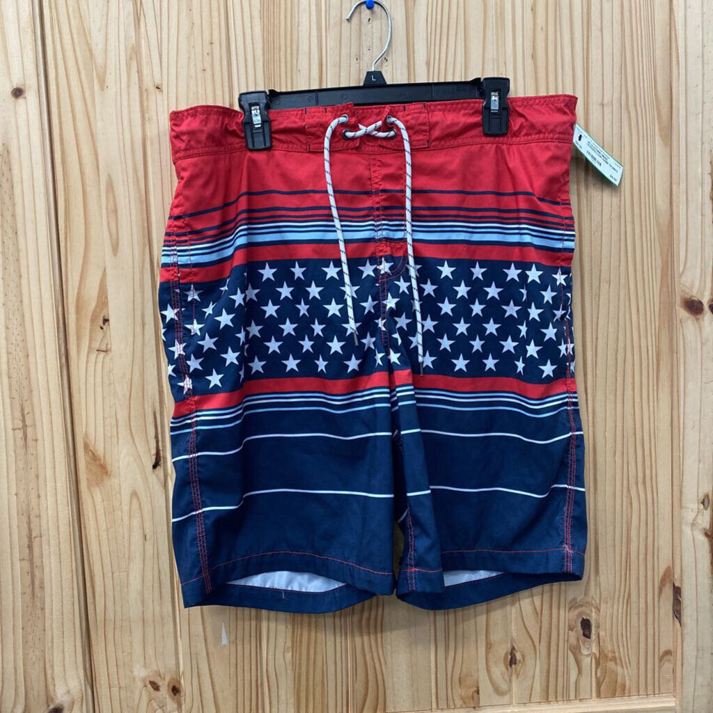 MENS GOODFELLOW SWIM TRUNKS RED/WHITE/BLUE W/STARS L
