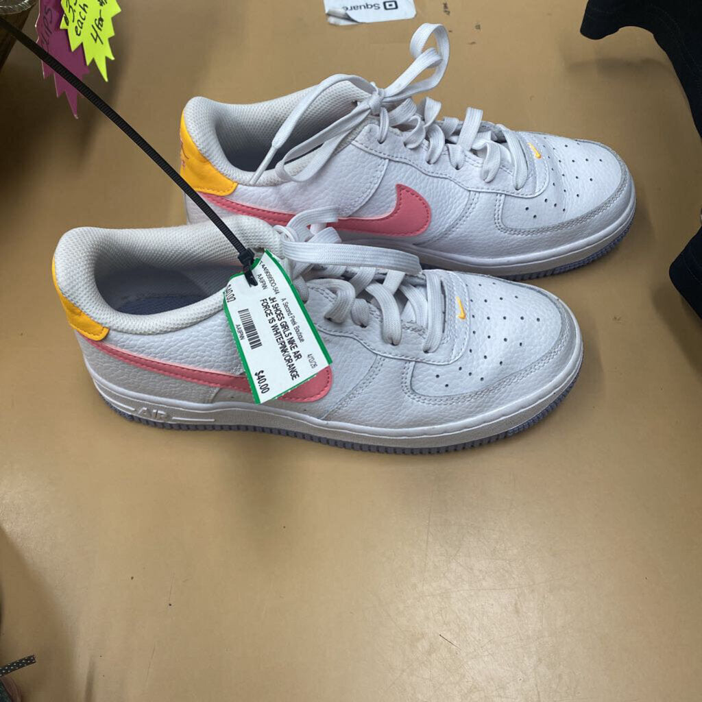 GIRLS NIKE AIR FORCE 1S WHITE/PINK/ORANGE 5.5Y