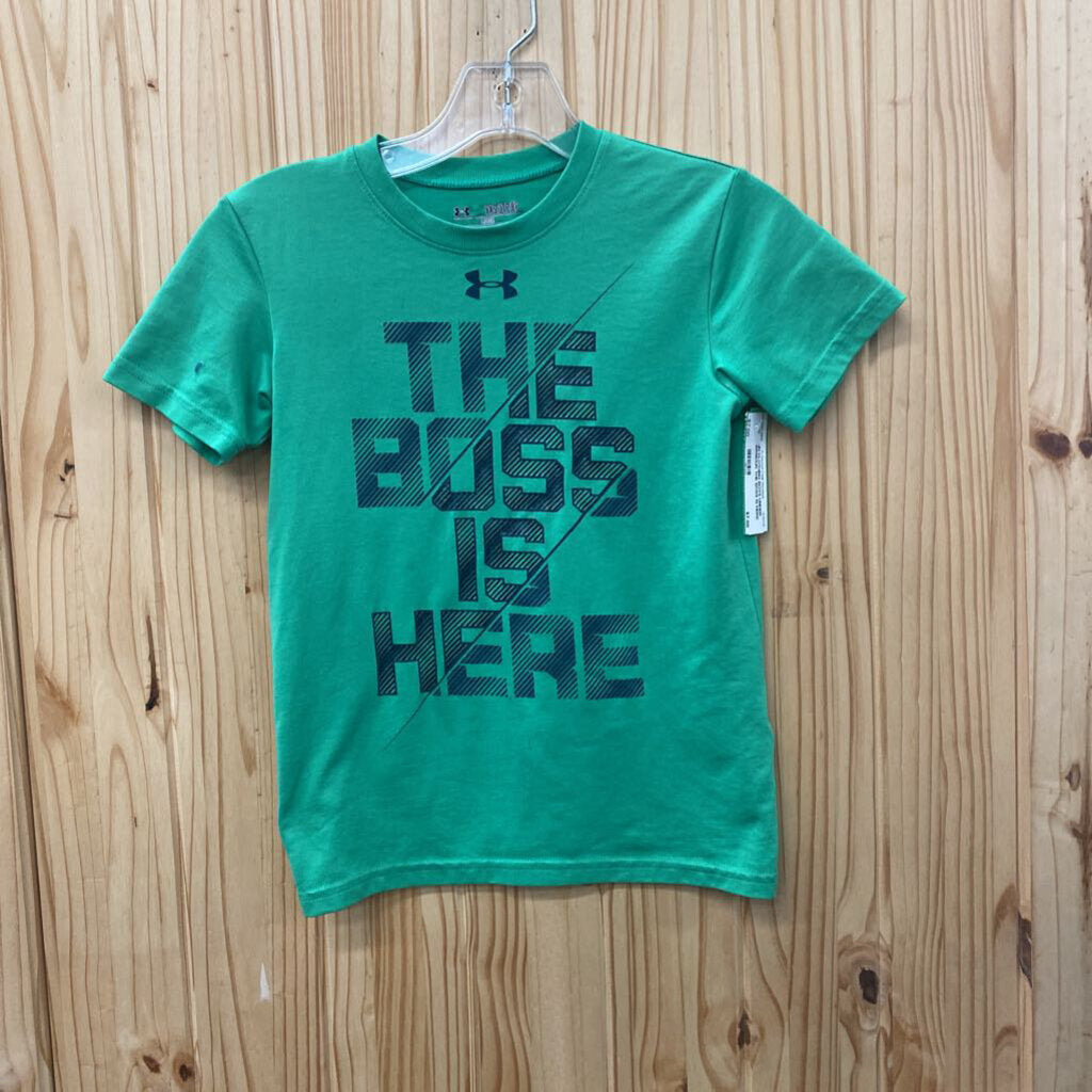 BOYS UNDER ARMOUR THE BOSS IS HERE GREEN/NAVY BLUE SHIRT YXS 5/6