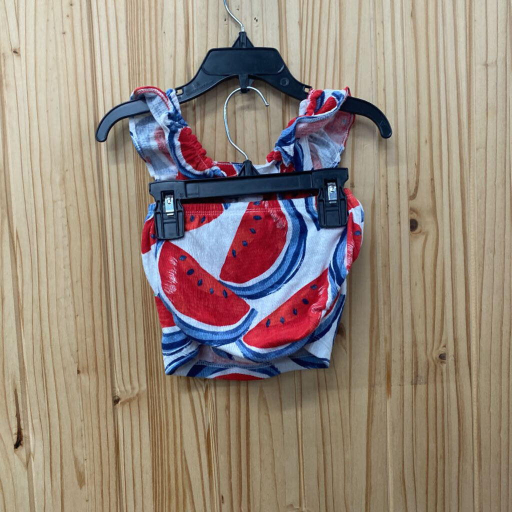 GIRLS CARTERS 2PC SET RED/WHITE/BLUE W/WATERMELON 3/6M
