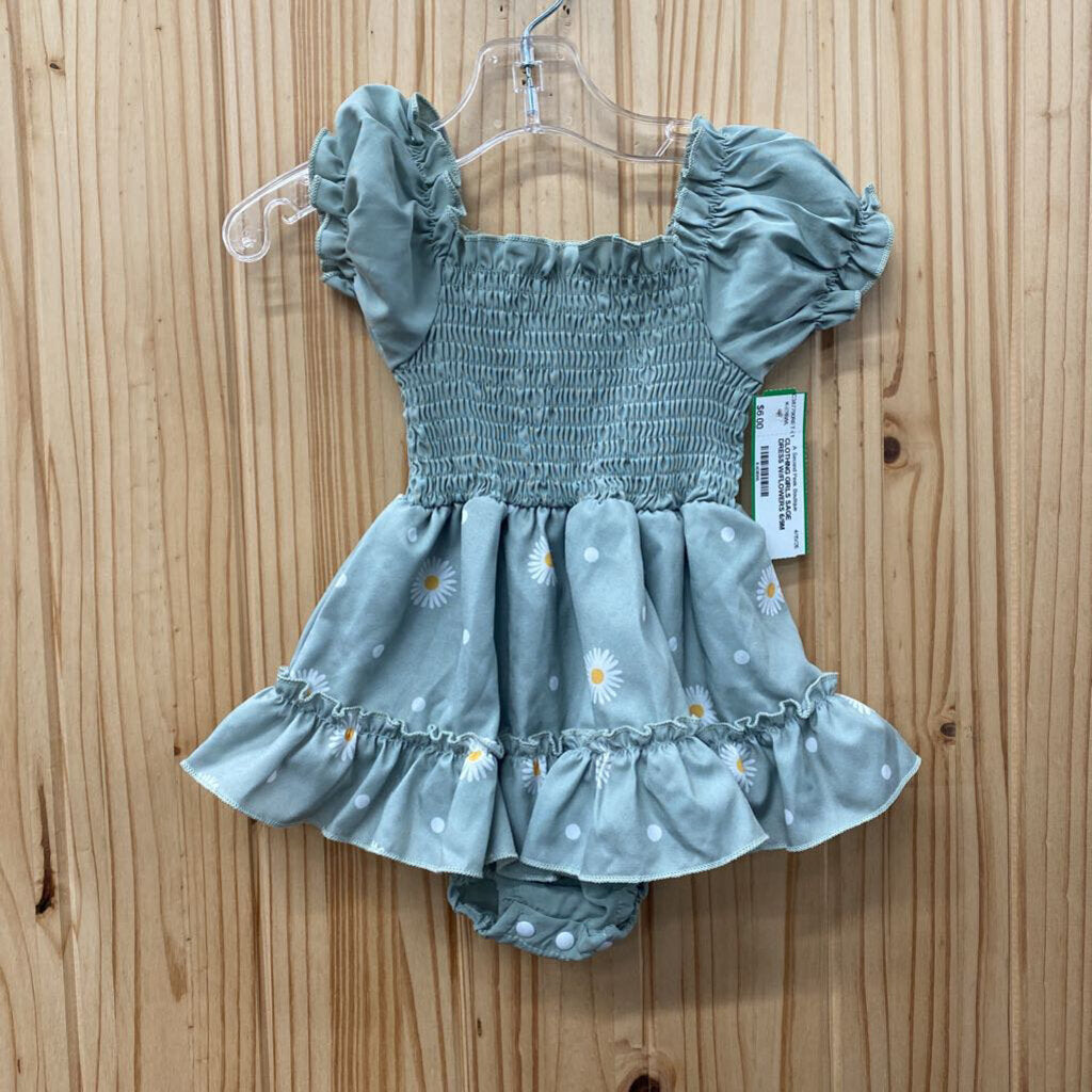 GIRLS SAGE DRESS W/FLOWERS 6/9M