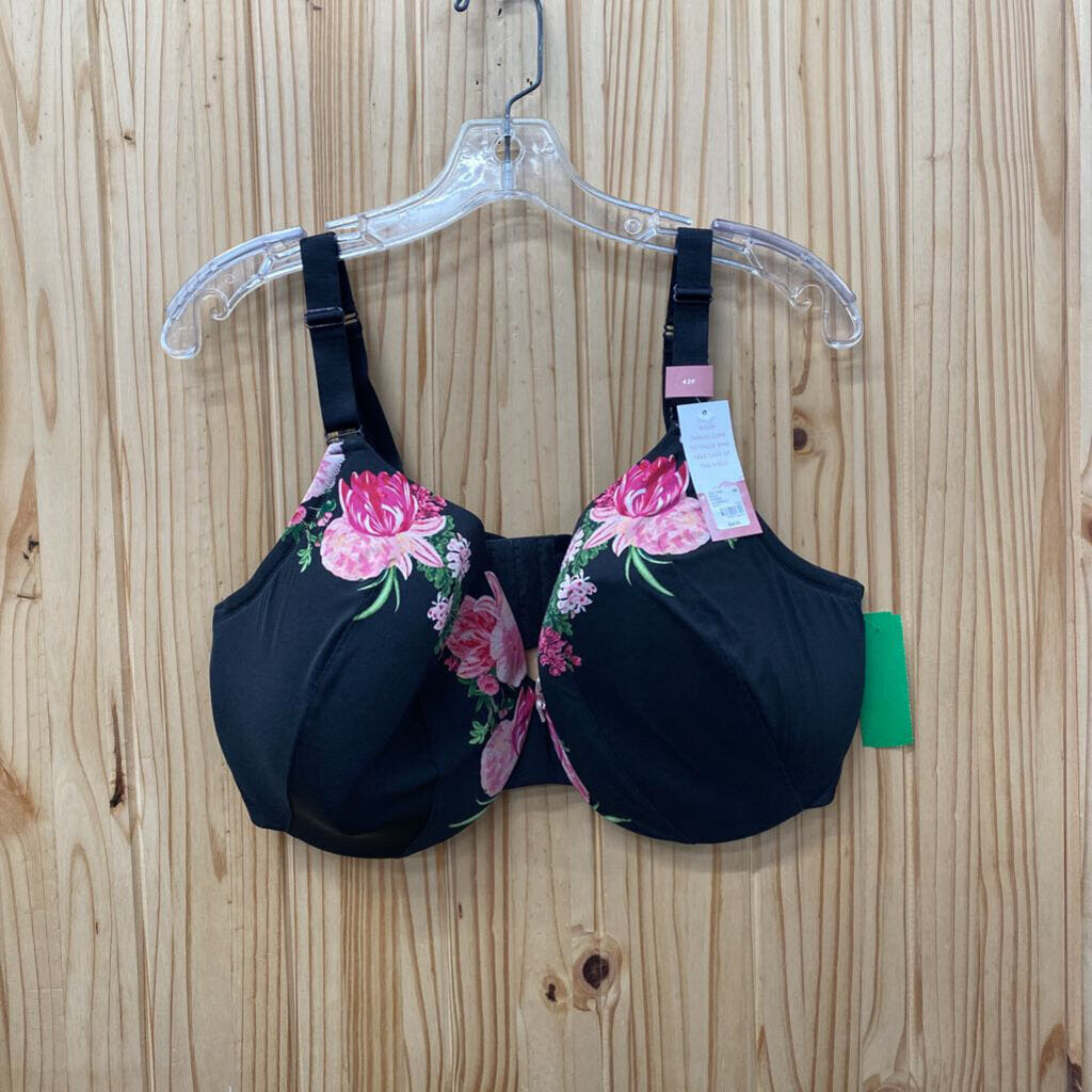 WOMENS CACIQUE BLK FLORAL BRA 42F NWT