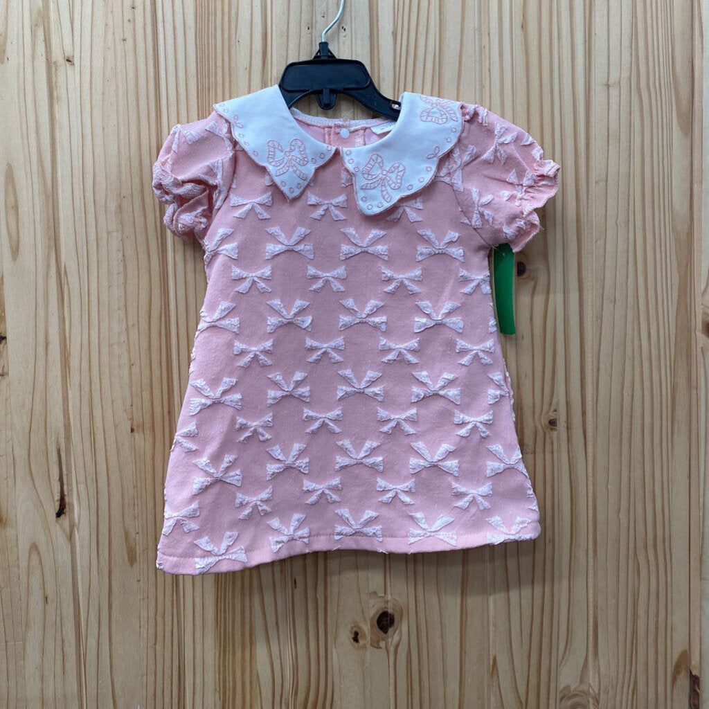 GIRLS PINK/WHITE DRESS W/BOWS 9/12M