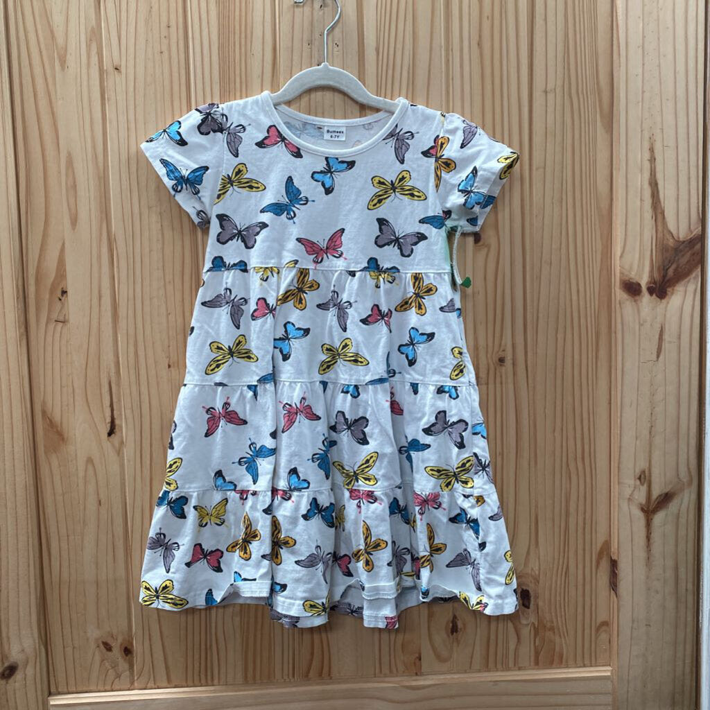 GIRLS WHITE DRESS W/MULTI COLOR BUTTERFLIES 6/7