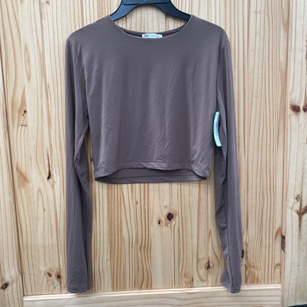 WOMENS ZARA LS CHOCOLATE CROP TOP L