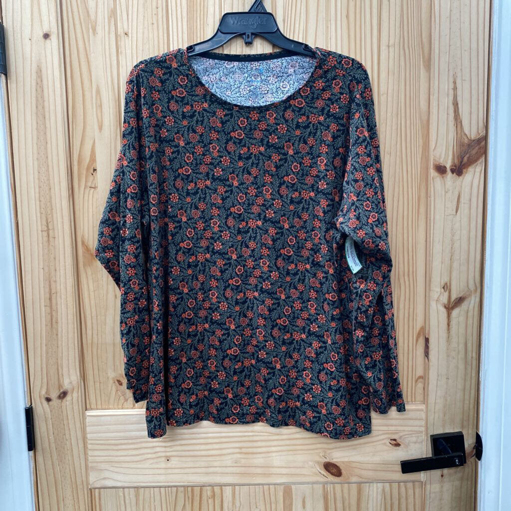 WOMENS CROFT & BARROW LS OLIVE GREEN/BLK/CORAL SHIRT 3X