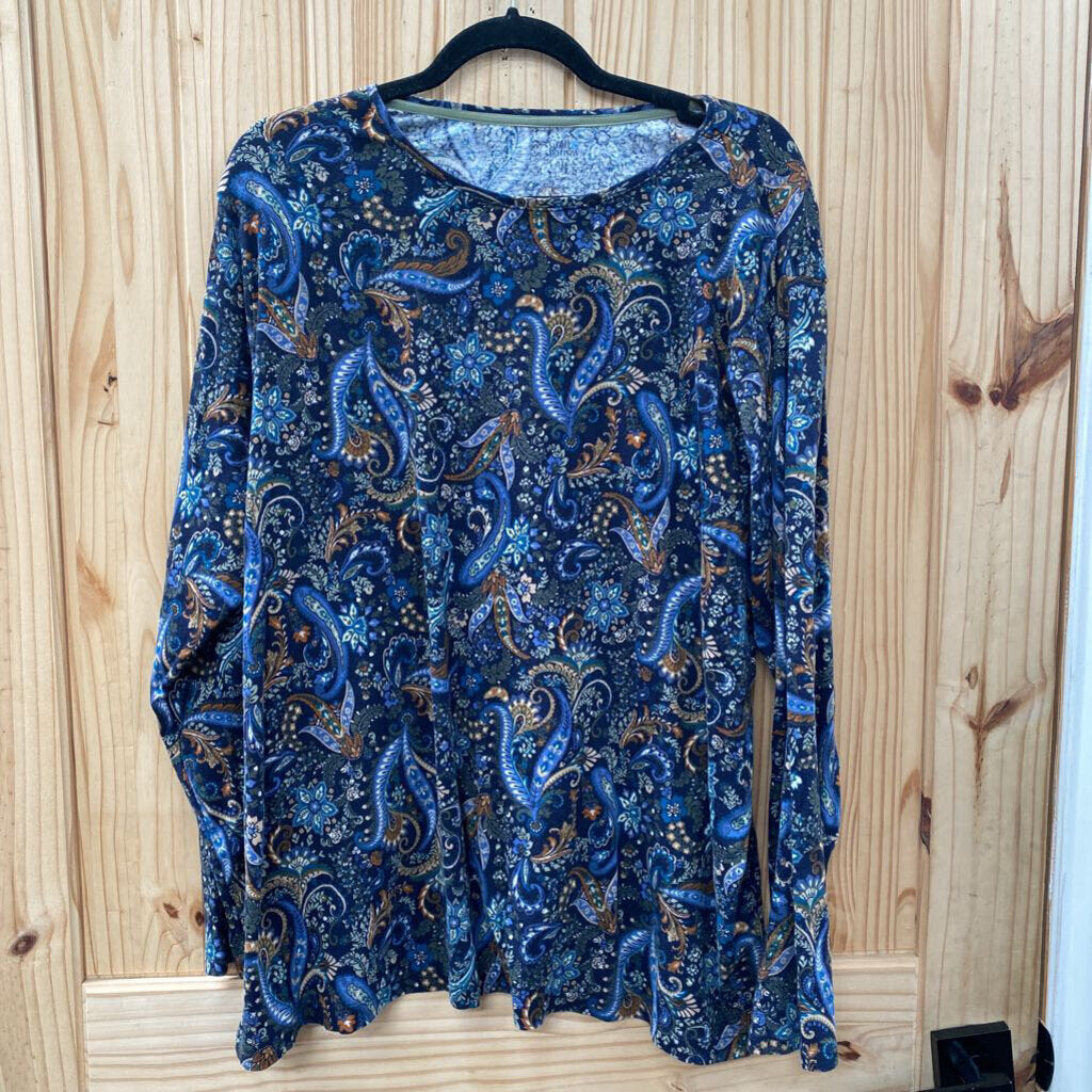 WOMENS CROFT & BARROW LS SHIRT BLUE/TAN/DK GREEN PAISLEY DESIGN 3X