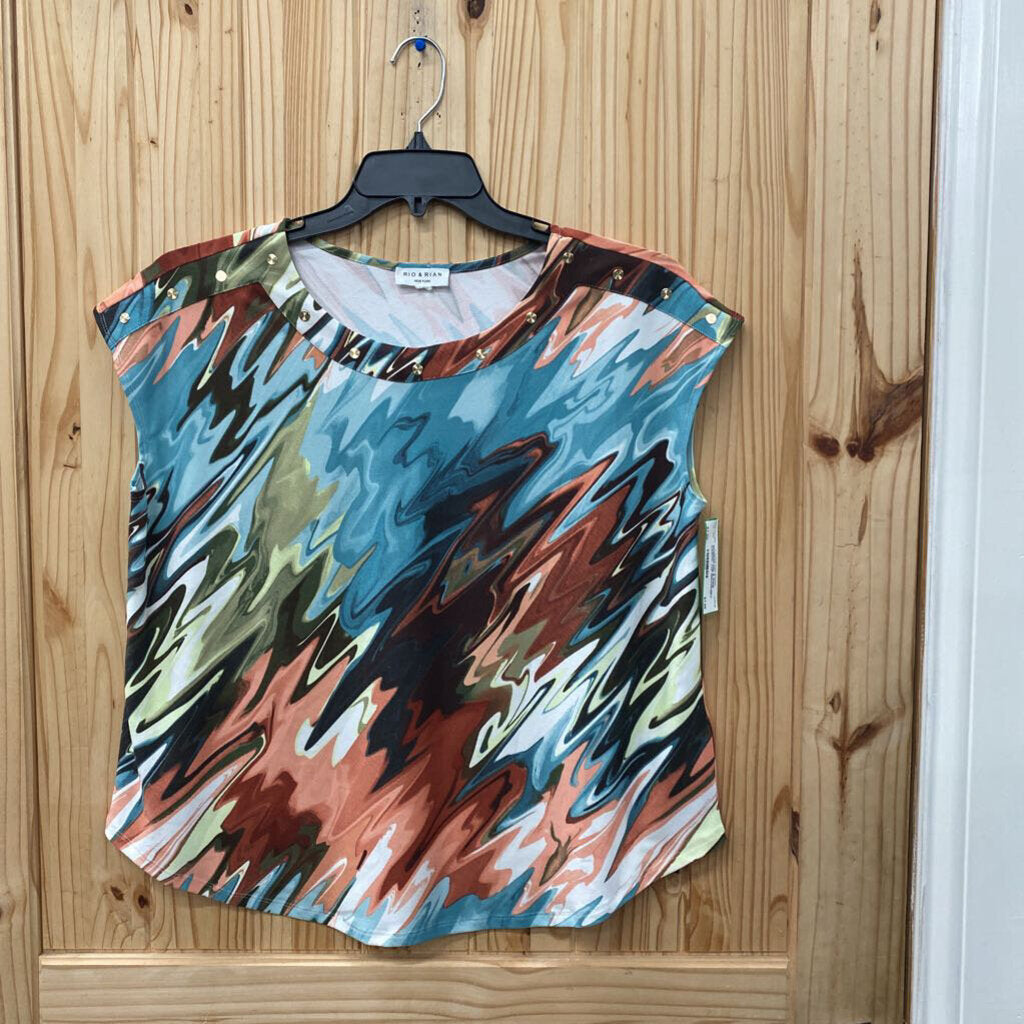 WOMENS RIO & RIAN CASUAL TOP MAUVE/SKY BLUE/GREEN L