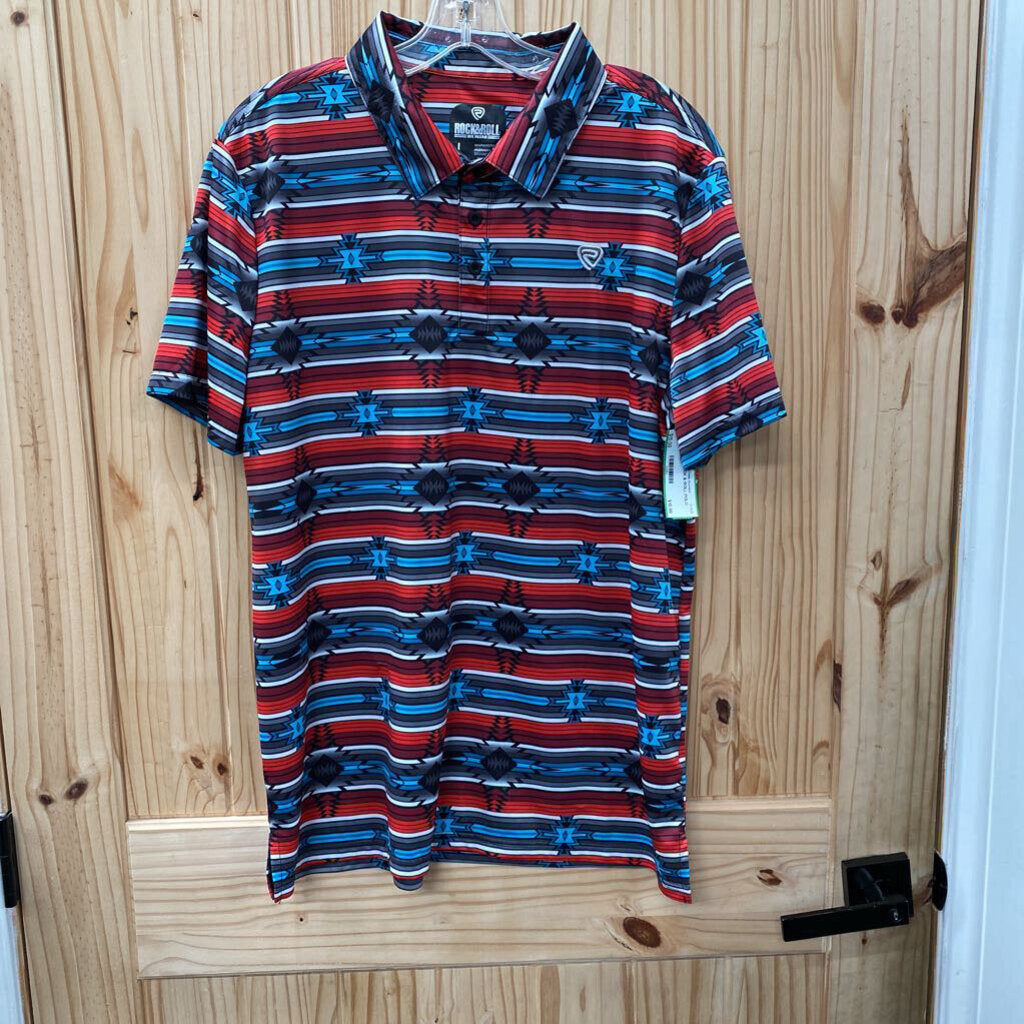 MENS ROCK & ROLL POLO SHIRT TURQUOISE/RED/WHITE/DK GREY L