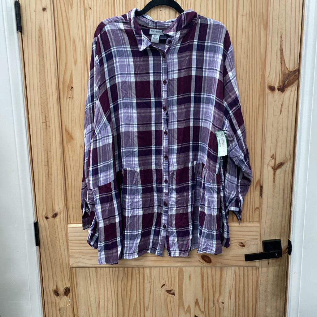 WOMENS CATHERINES LS PLAID TOP PLUM PURPLE/WHITE 3X