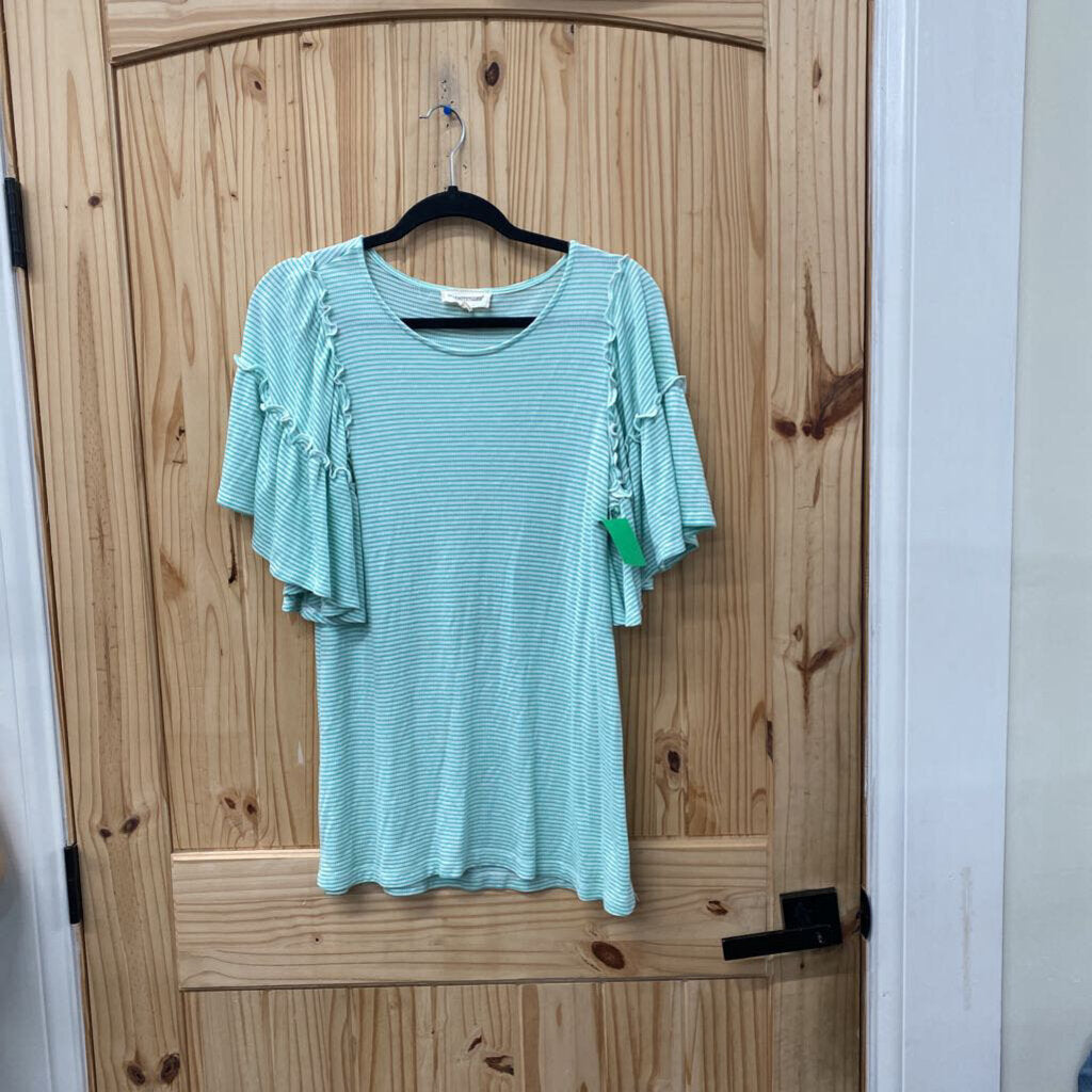 WOMENS COVERSTITCHED GREEN/WHITE STRIPE SHIRT S