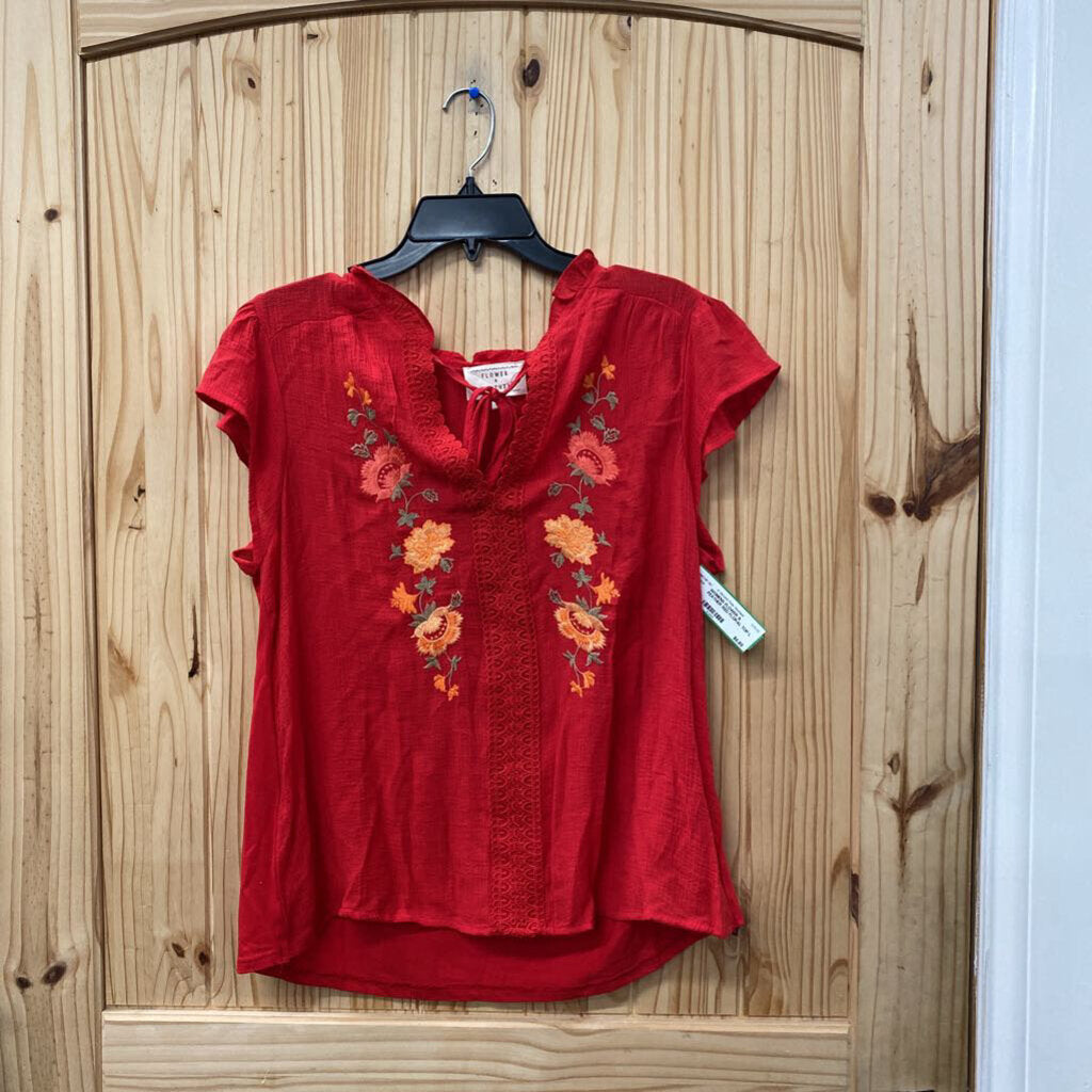 WOMENS FLOWER & FEATHER RED FLORAL TOP L