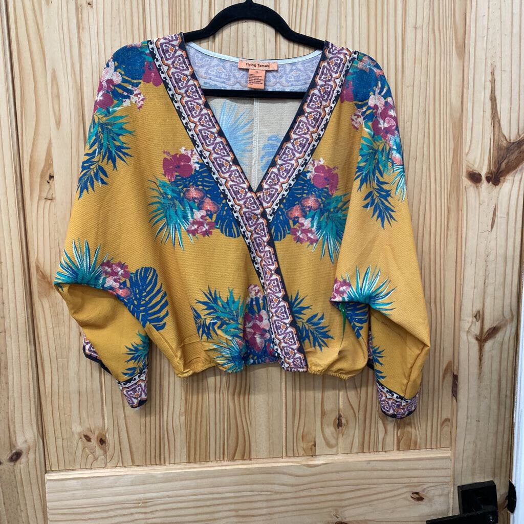 WOMENS FLYING TOMATO YELLOW FLORAL CASUAL TOP M