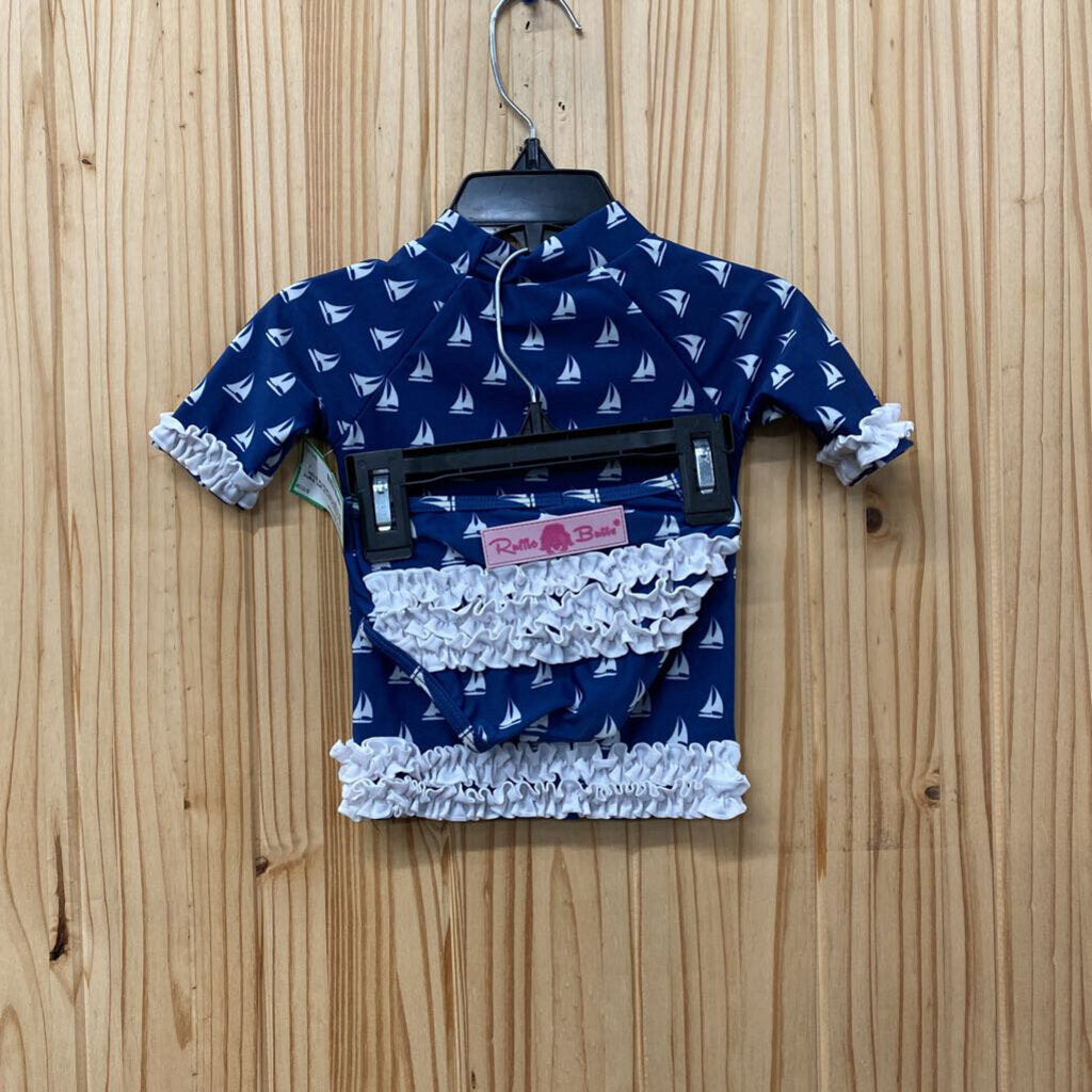 GIRLS RUFFLE BUTTS 2PC SWIM SET BLUEW/SAILBOATS 6/12M