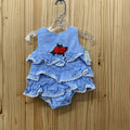 GIRLS POPARU LINEN/WHITE STRIPE SL ROMPER W/ROSES 3/6M