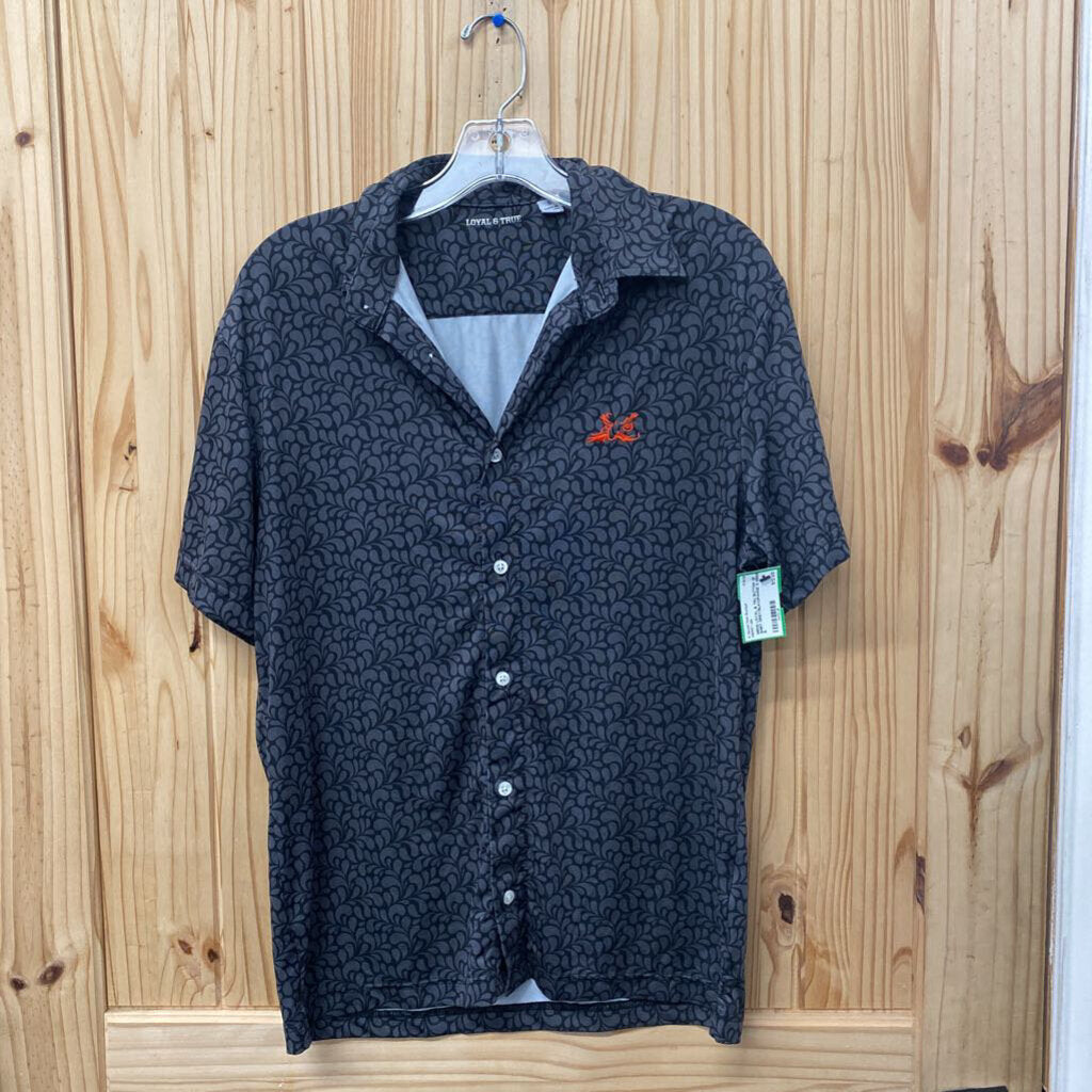 MENS LOYAL & TRU BUTTON UP SHIRT GREY/BLK/ORANGE S