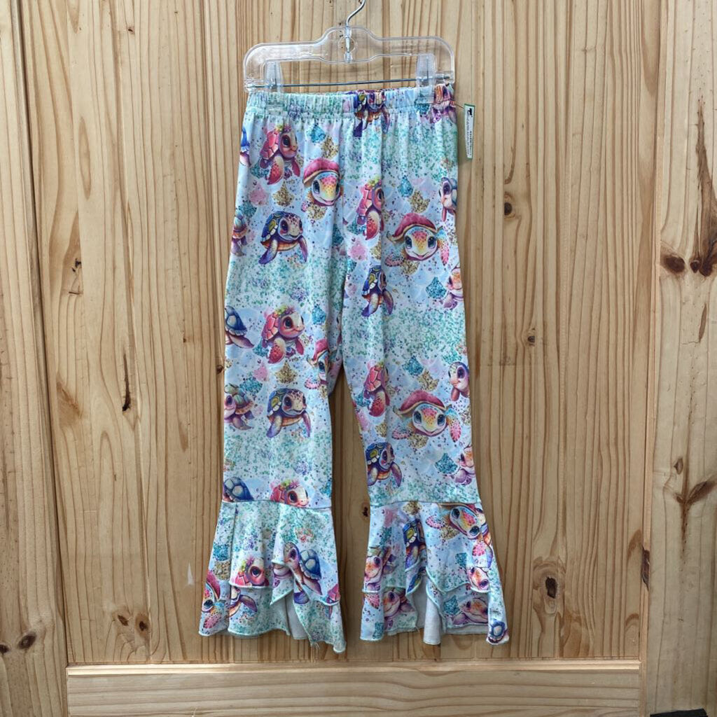 GIRLS AQUA/WHITE BELL BOTTOM PANTS W/COLORFUL TURTLES 110 4/5