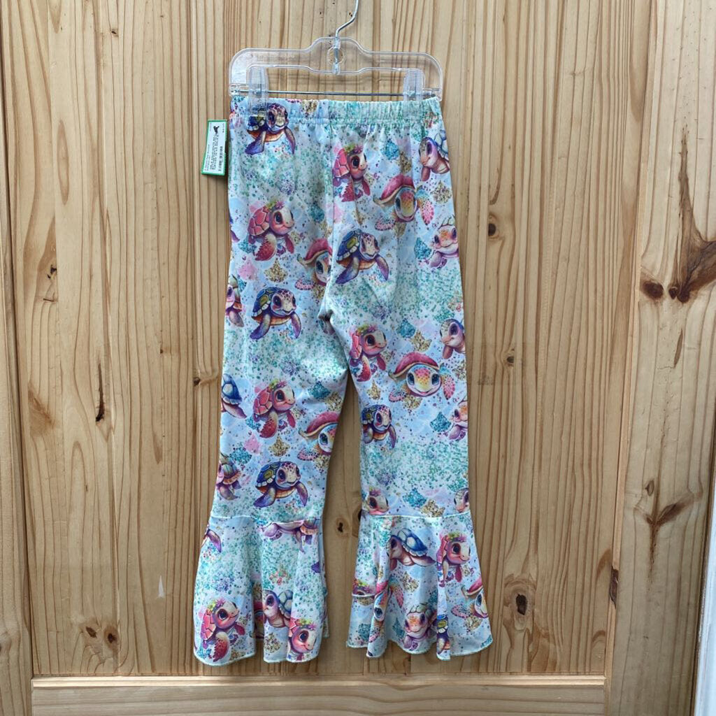 GIRLS AQUA/WHITE BELL BOTTOM PANTS W/COLORFUL TURTLES 110 4/5