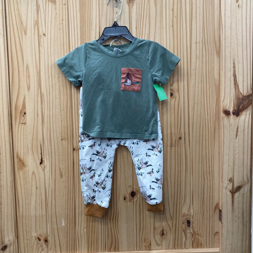 BOYS 2PC SET OLIVE GREEN/IVORY W/DUCKS 12/18M