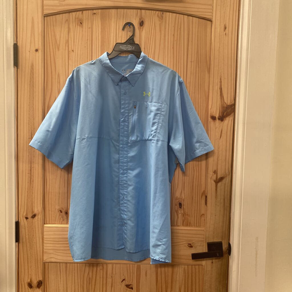 MENS UNDER ARMOUR SKY BLUE/LIME GREEN BUTTON UP SHIRT 2XL