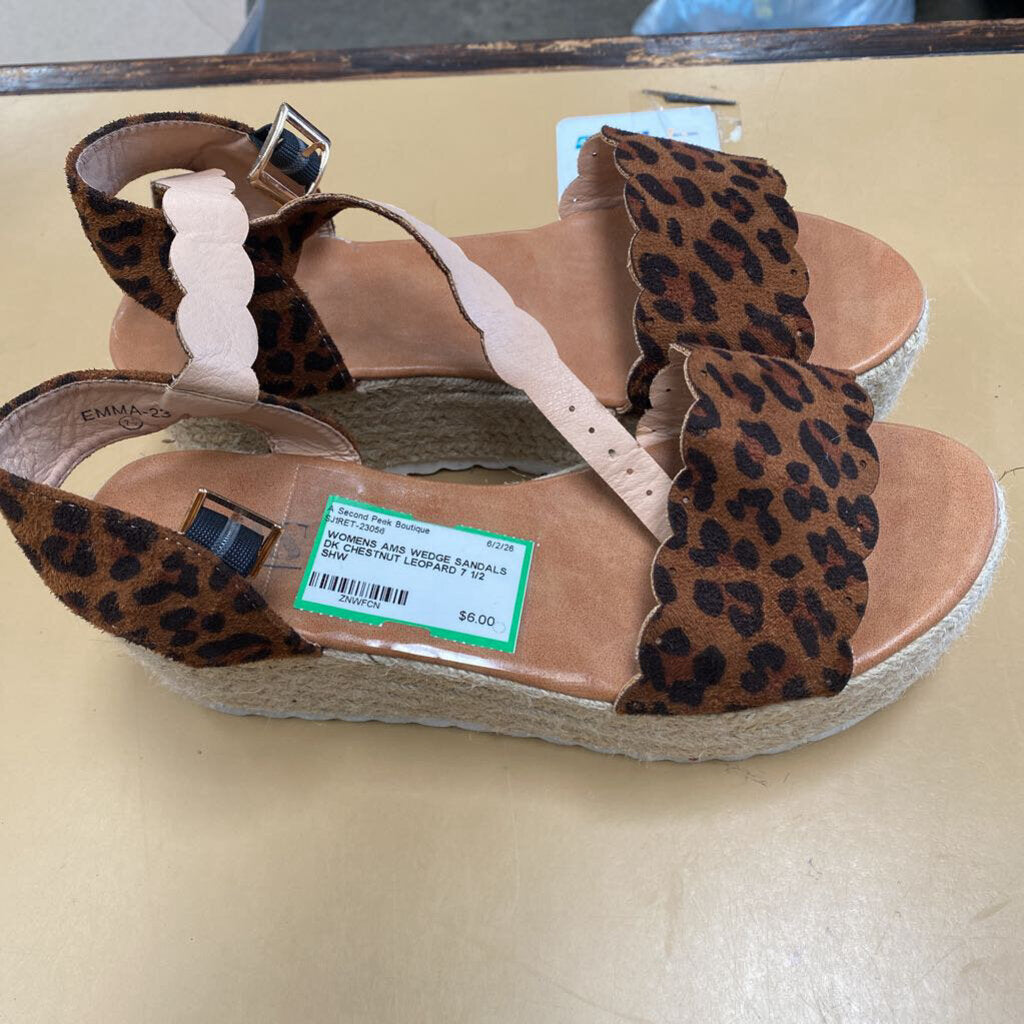 WOMENS AMS WEDGE SANDALS DK CHESTNUT LEOPARD 7 1/2