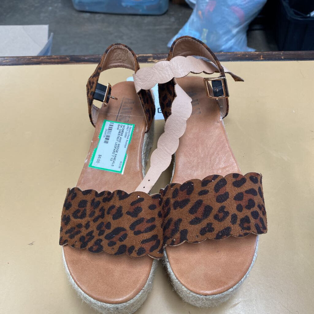 WOMENS AMS WEDGE SANDALS DK CHESTNUT LEOPARD 7 1/2