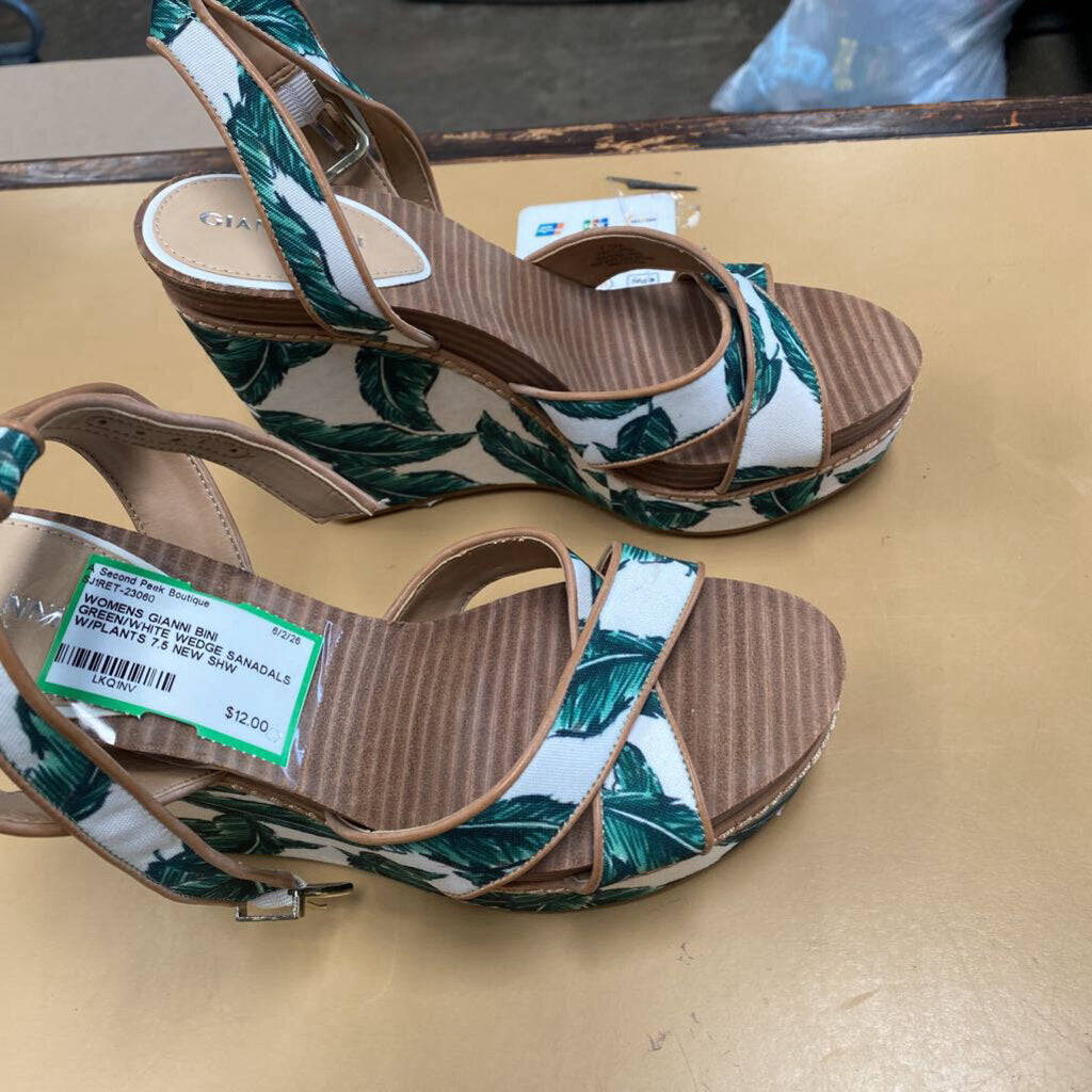 WOMENS GIANNI BINI GREEN/WHITE WEDGE SANADALS W/PLANTS 7.5 NEW