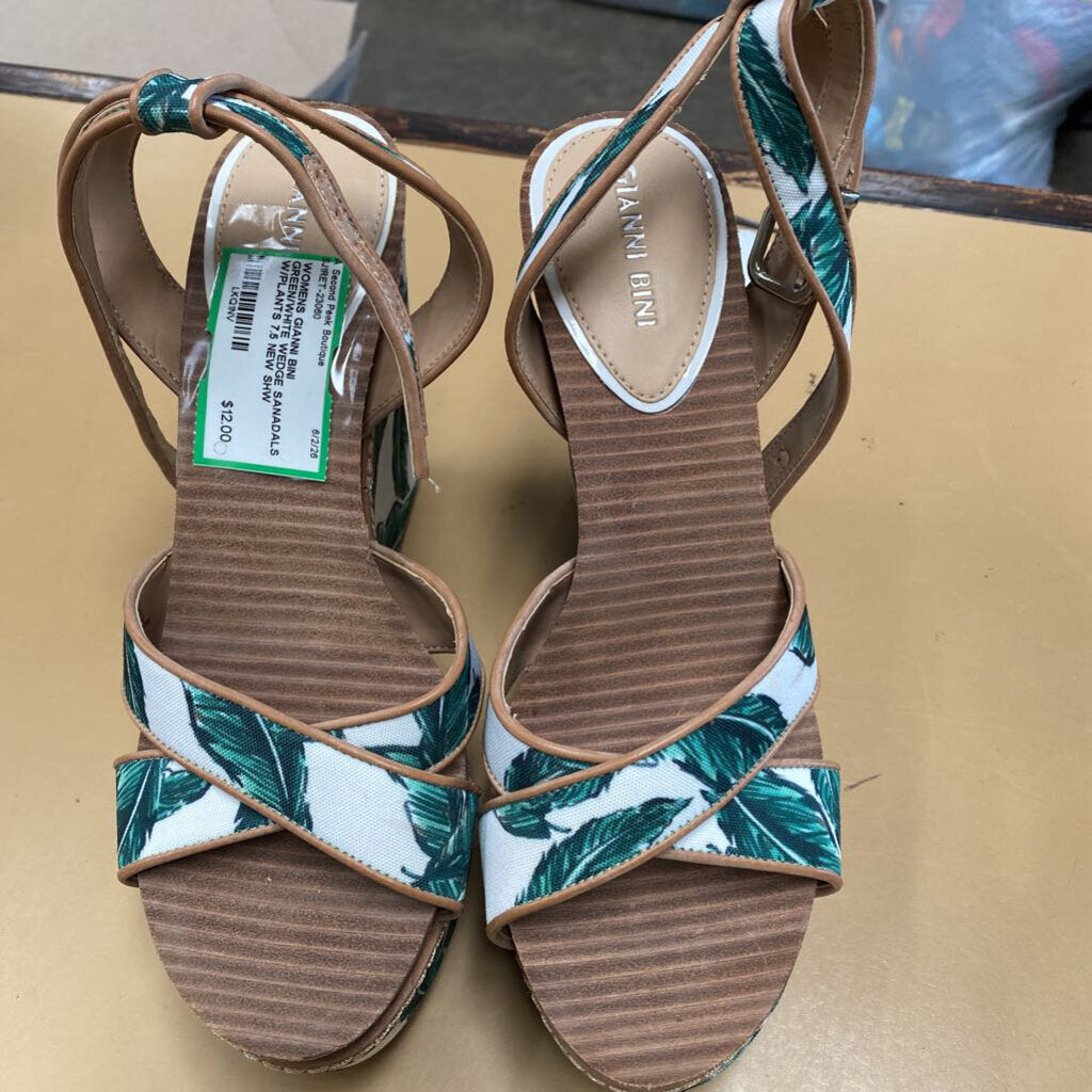 WOMENS GIANNI BINI GREEN/WHITE WEDGE SANADALS W/PLANTS 7.5 NEW