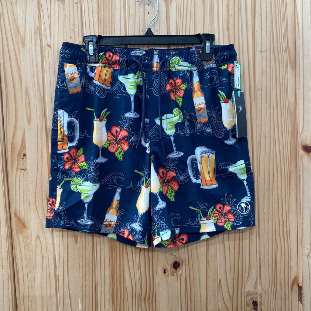 MENS TRINITY COAST DK BLUE SWIM TRUNKS W/DRINKS S NWT