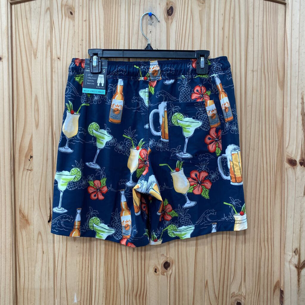 MENS TRINITY COAST DK BLUE SWIM TRUNKS W/DRINKS S NWT
