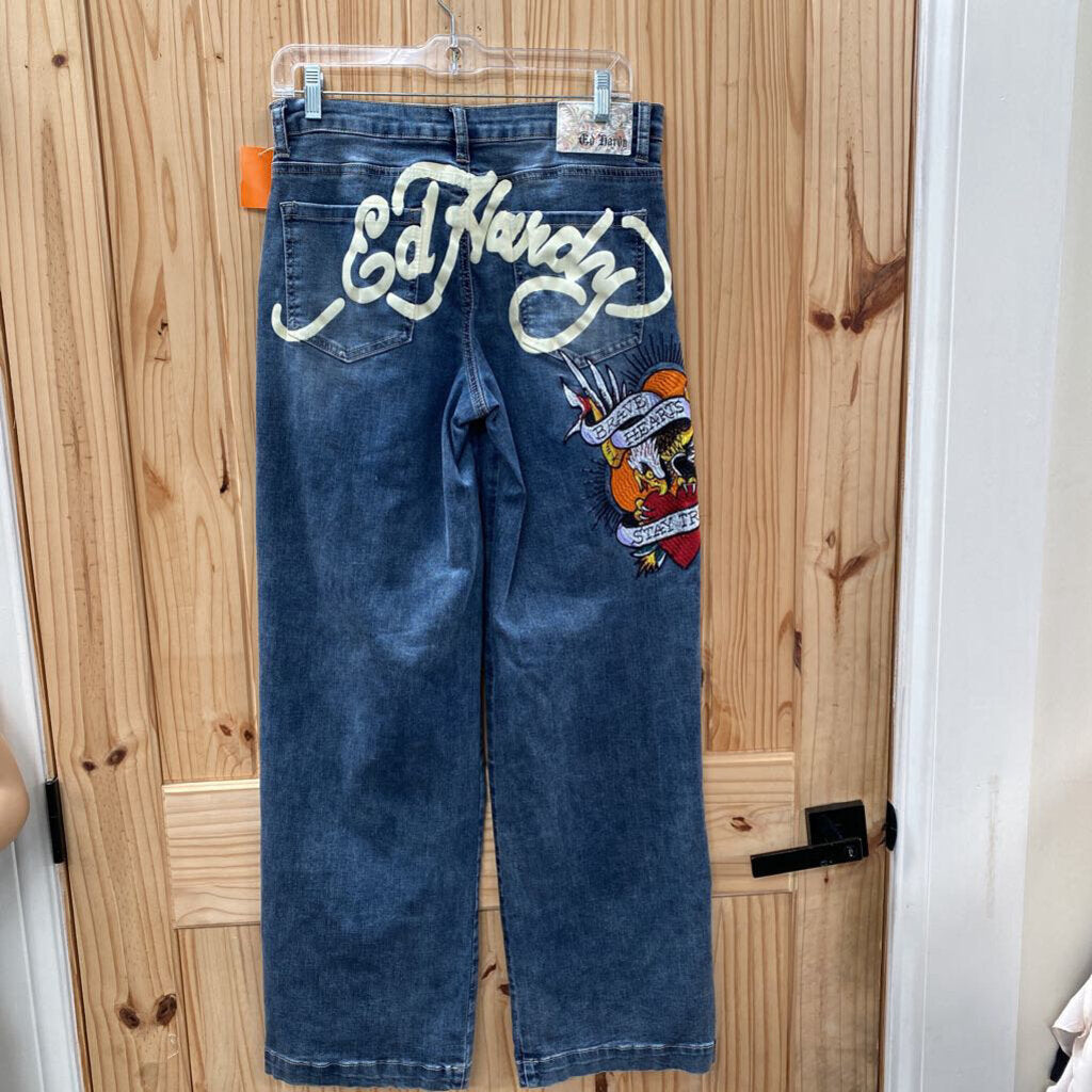 WOMENS ED HARDY DENIM FLARE JEANS 28