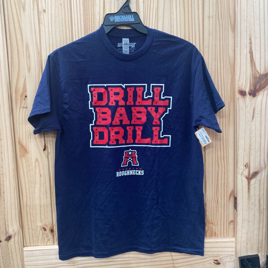 DRILL BABY DRILL HOUSRON ROUGHNECK NAVY BLUE/RED/WHITE SHIRT M NWT