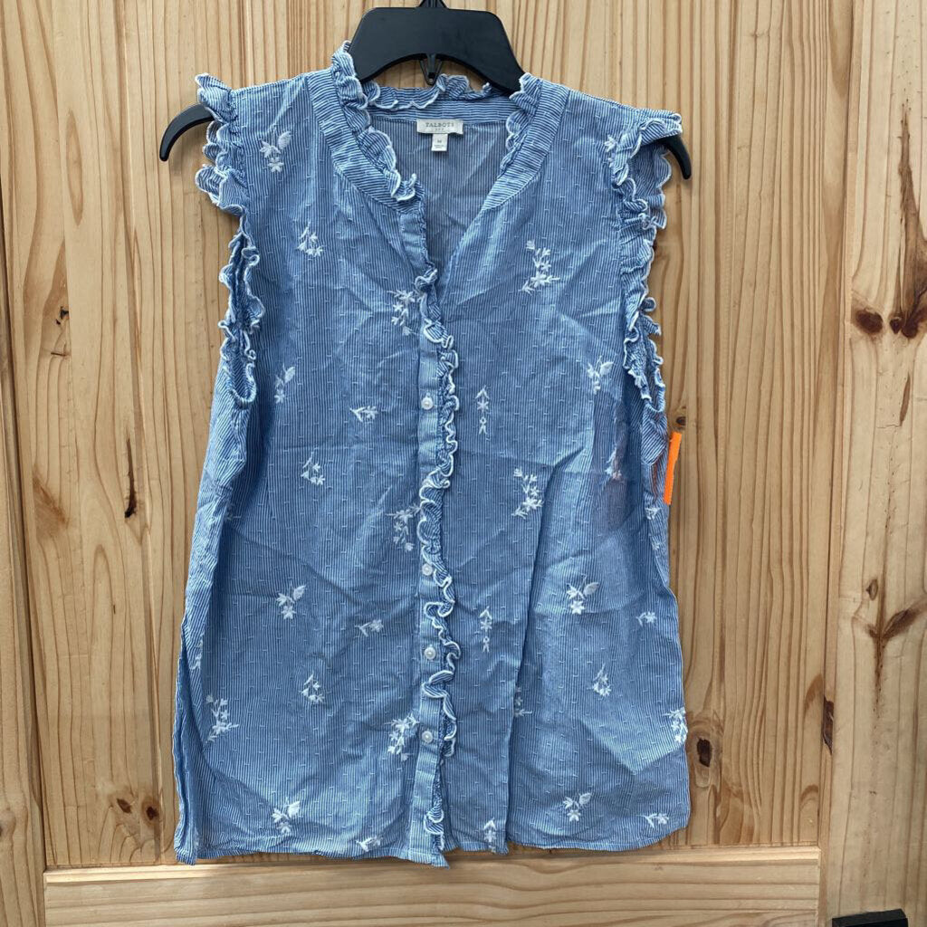 WOMENS TALBOTS BLUE/WHITE STRIPE SL TOP W/FLOWERS M