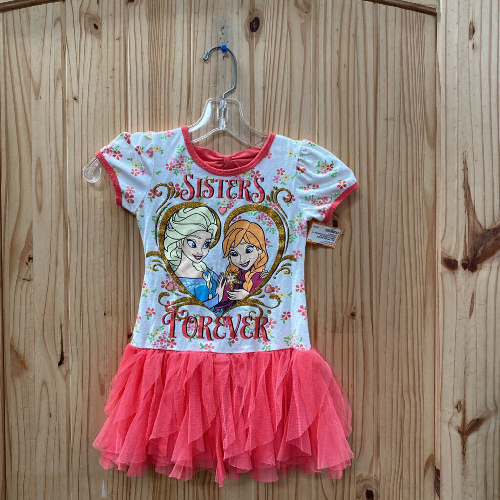 GIRLS FROZEN SISTERS FOREVER DRESS DK CORAL/WHITE W/FLOWERS XS 4/5
