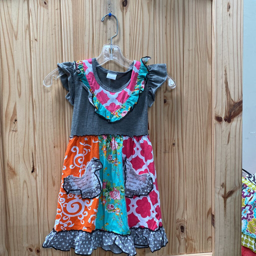 GIRLS DRESS GREY/PINK/WHITE XL 5/6