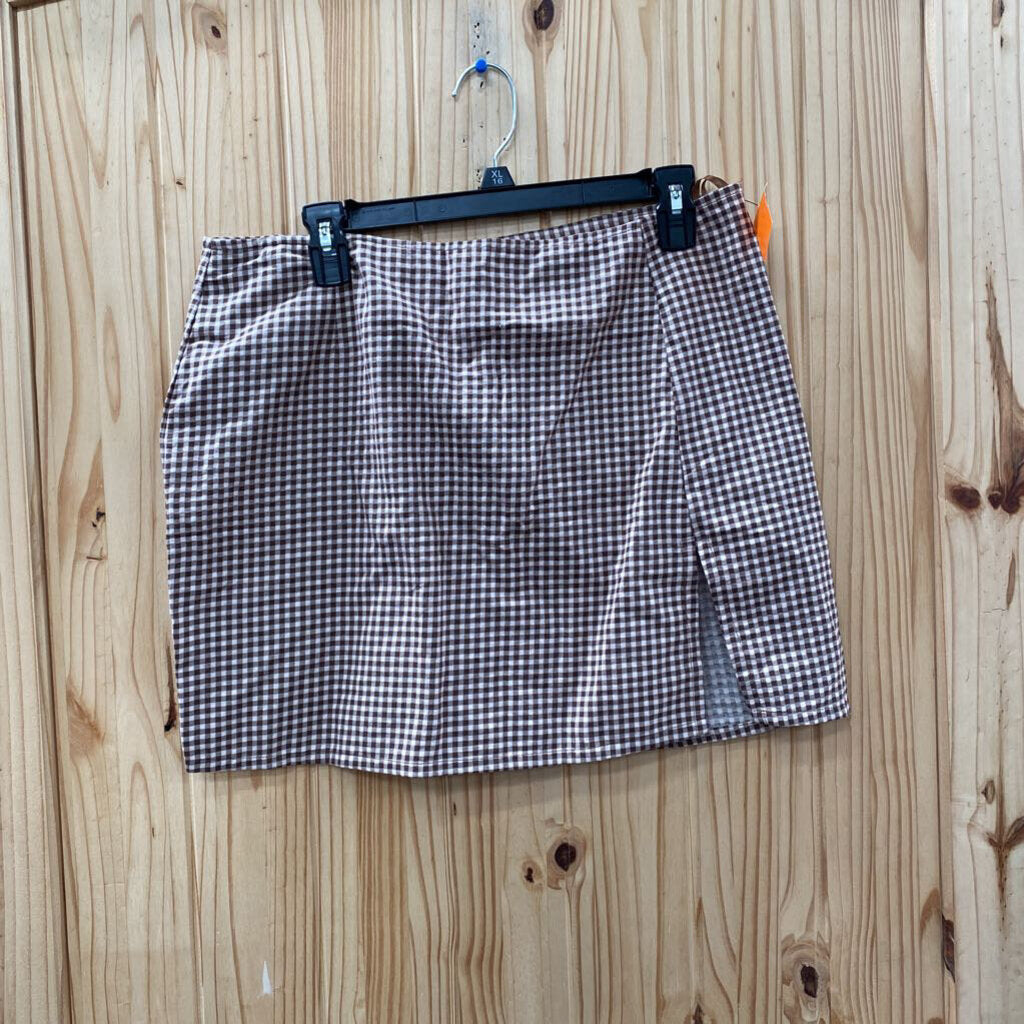 WOMENS MOTEL BROWN/WHITE CHECKERED SKIRT L NWT