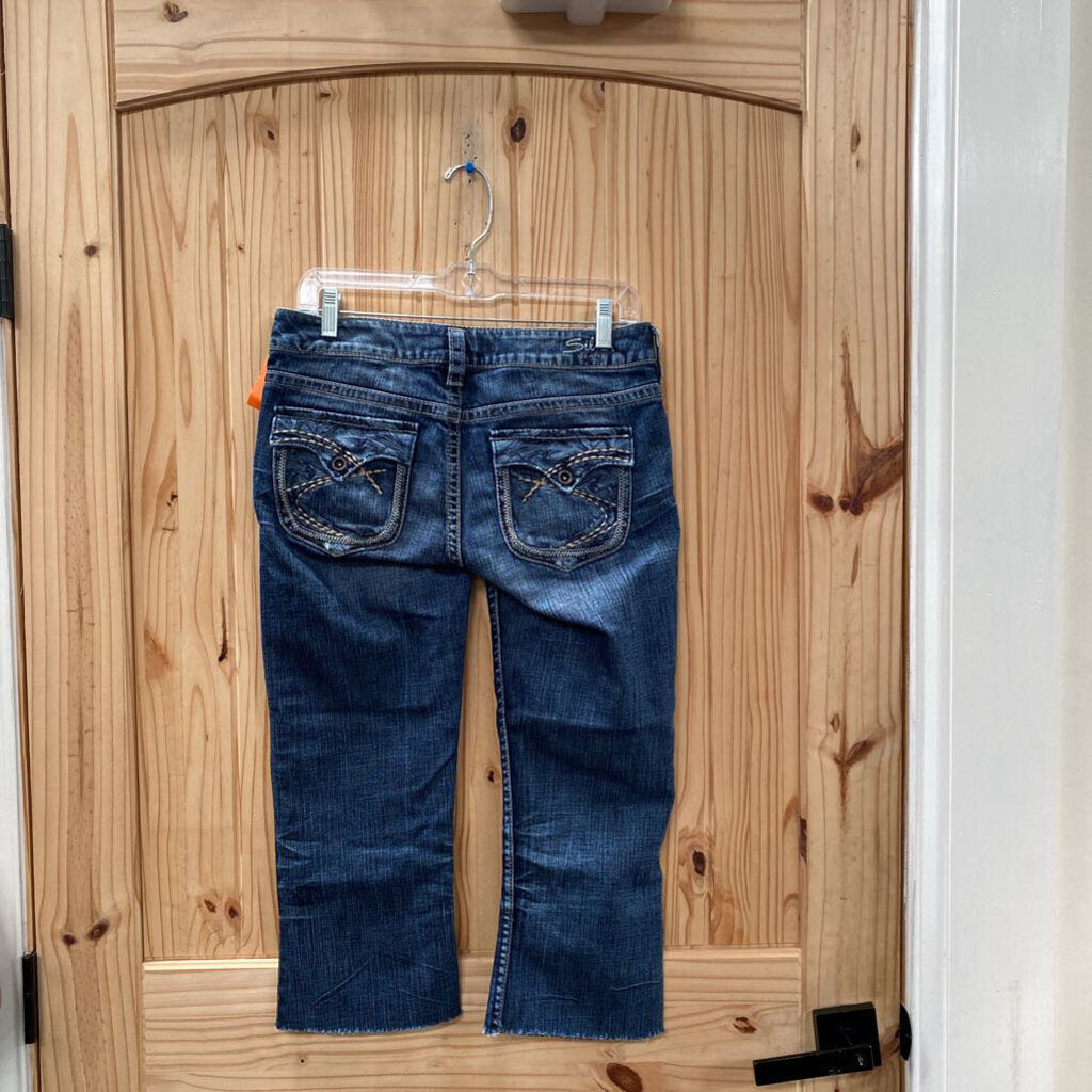 WOMENS SILVER DK DENIM CUT OFFS 28